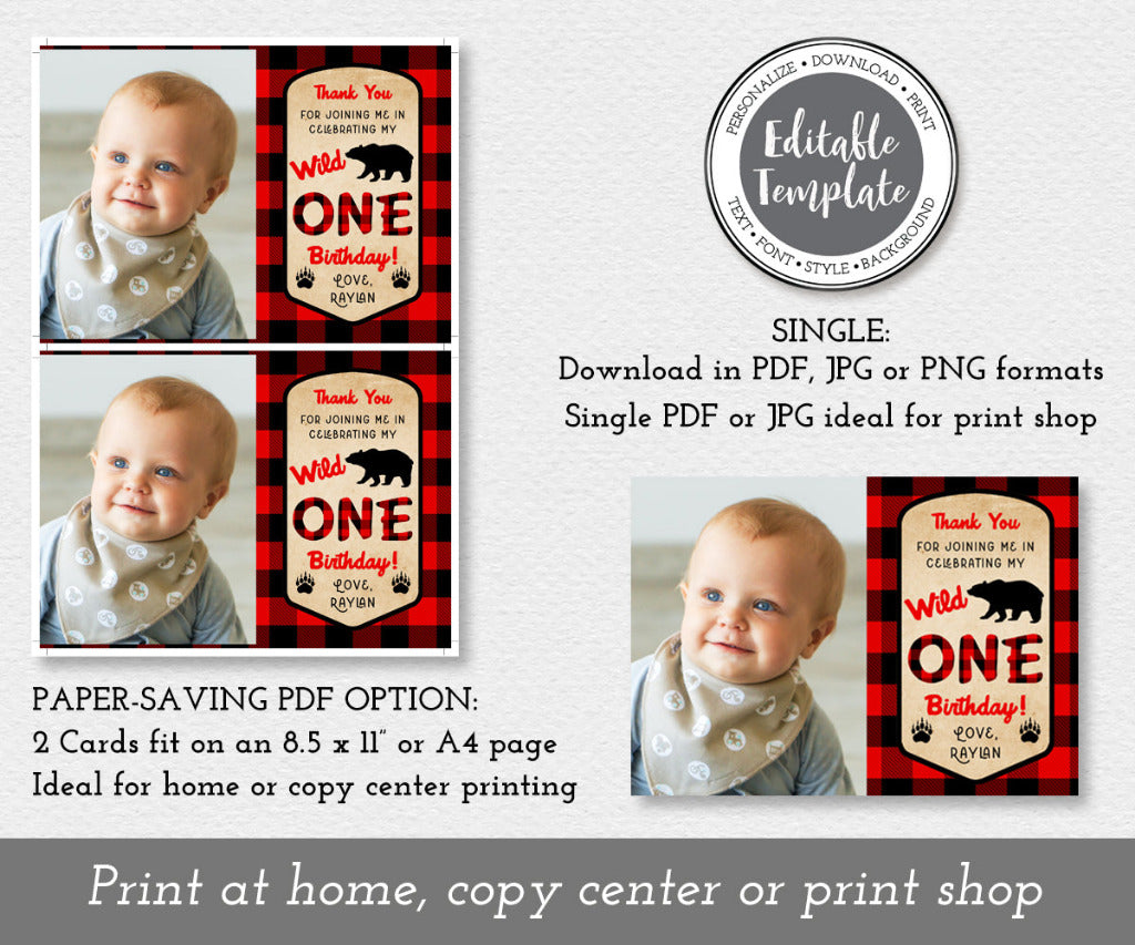 Paper saving download option for buffalo plaid wild one first birthday photo thank you card.
