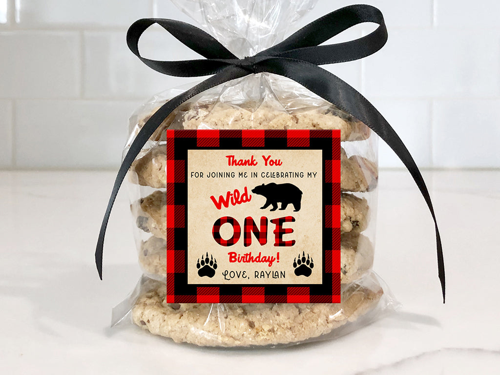 Wild ONE buffalo plaid square birthday favor tag label.