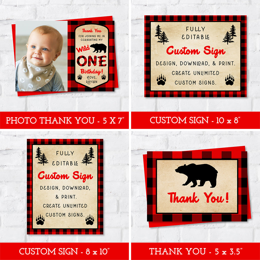 Buffalo plaid wild one birthday templates, thank you cards and custom signs.