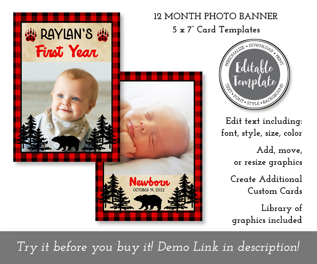 Buffalo plaid 12 month first year photo banner editable template.