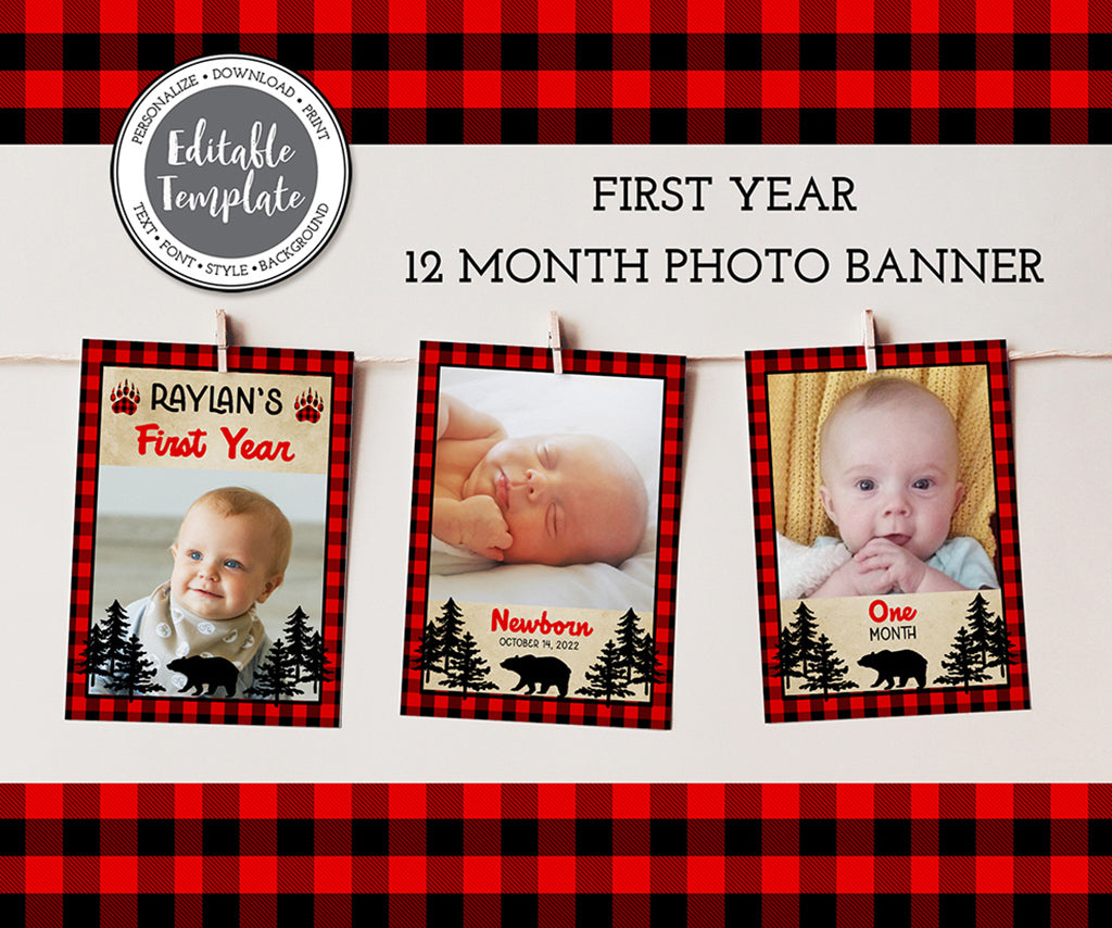 Buffalo plaid-first year photo banner editable template.