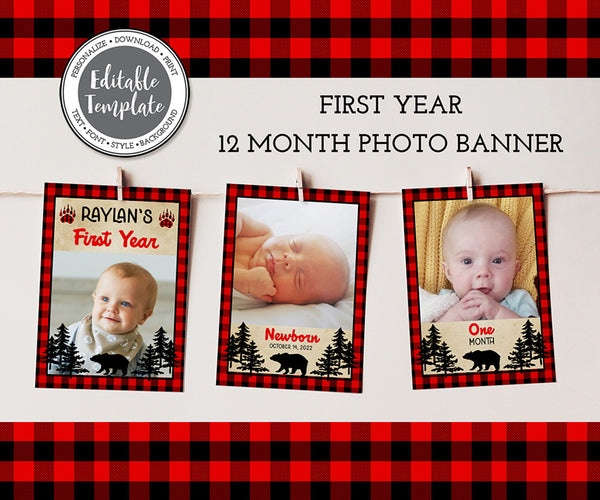 lumberjack buffalo plaid first year photo banner.