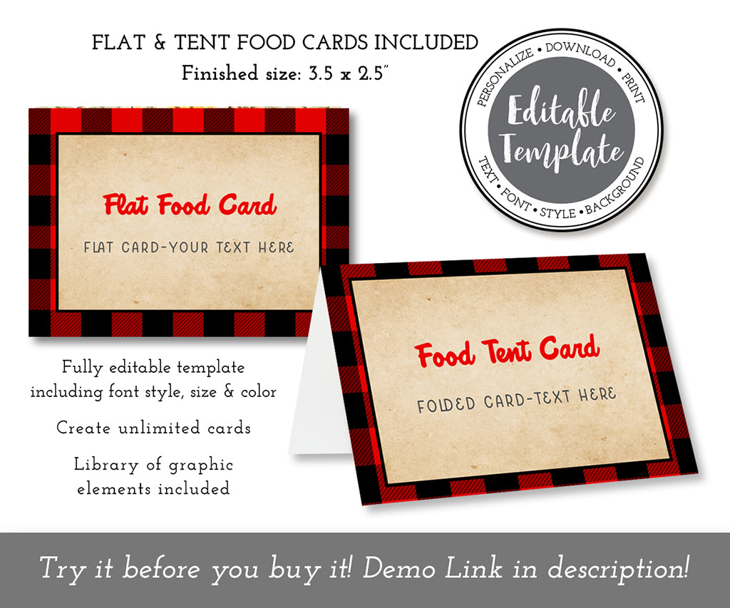 Red buffalo plaid food tent cards front and back.
