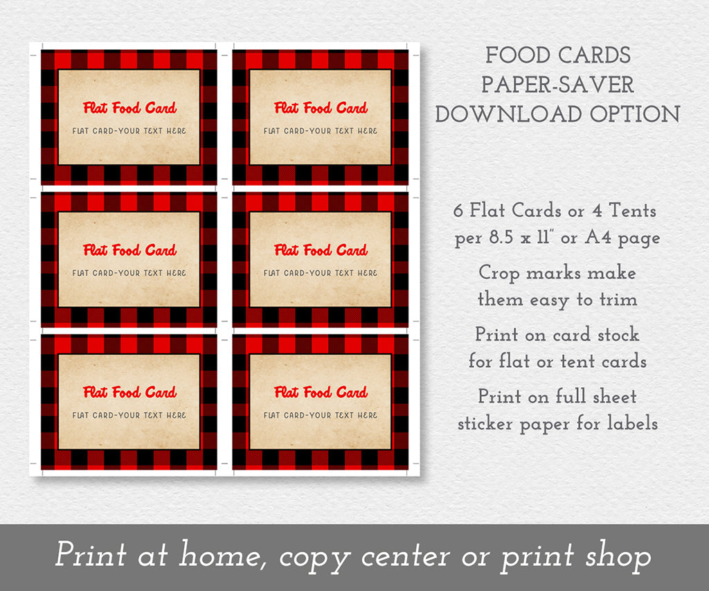 Red buffalo plaid food tent card paper saving download option.