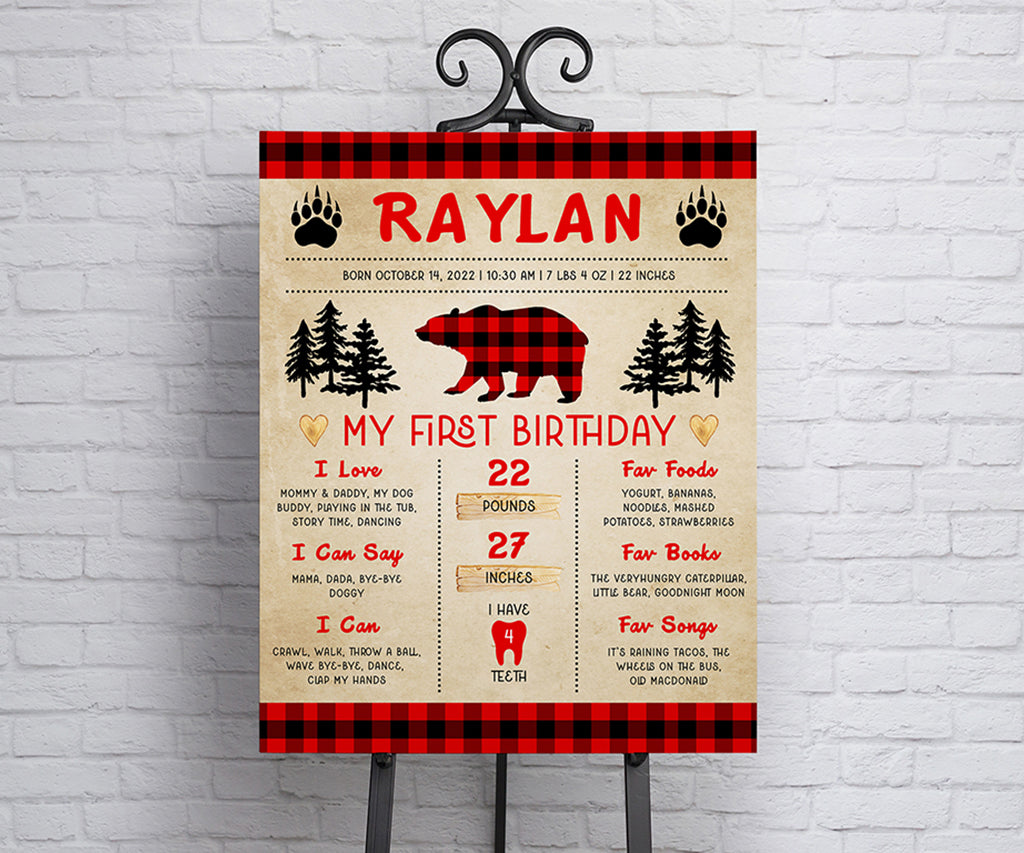 lumberjack buffalo plaid milestone first birthday sign.