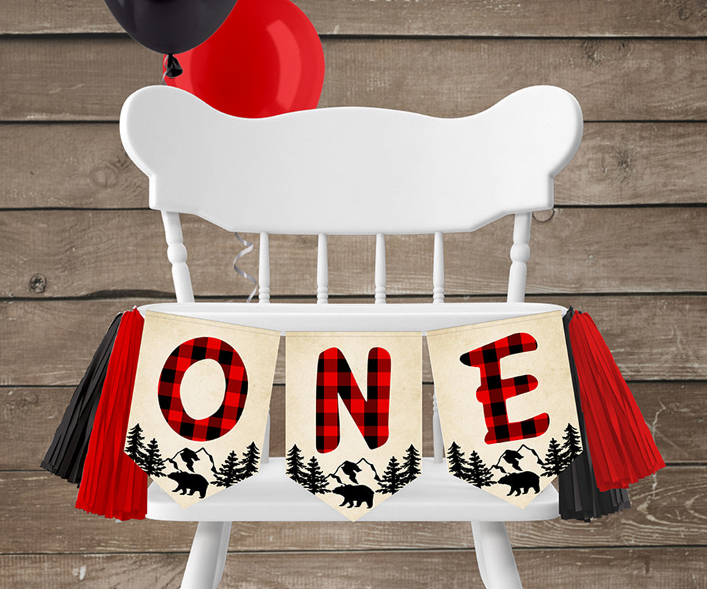 lumberjack buffalo plaid one year highchair first birthday banner.