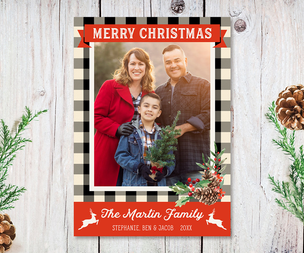 Buffalo plaid reindeer Christmas card with family photo.