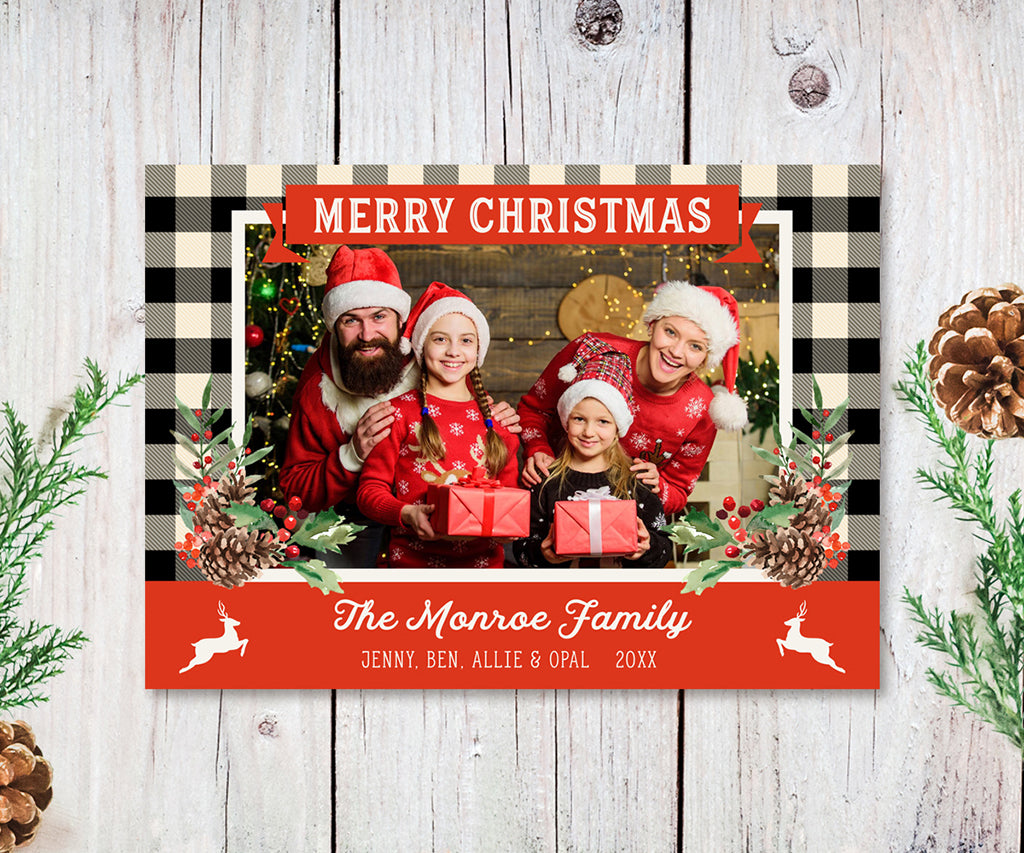 Buffalo plaid reindeer Christmas card with family photo, 7 x 5 landscape.