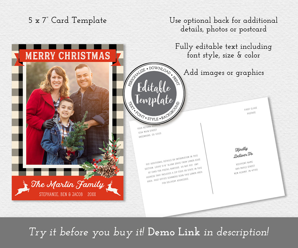 Buffalo plaid reindeer Christmas card editable template.