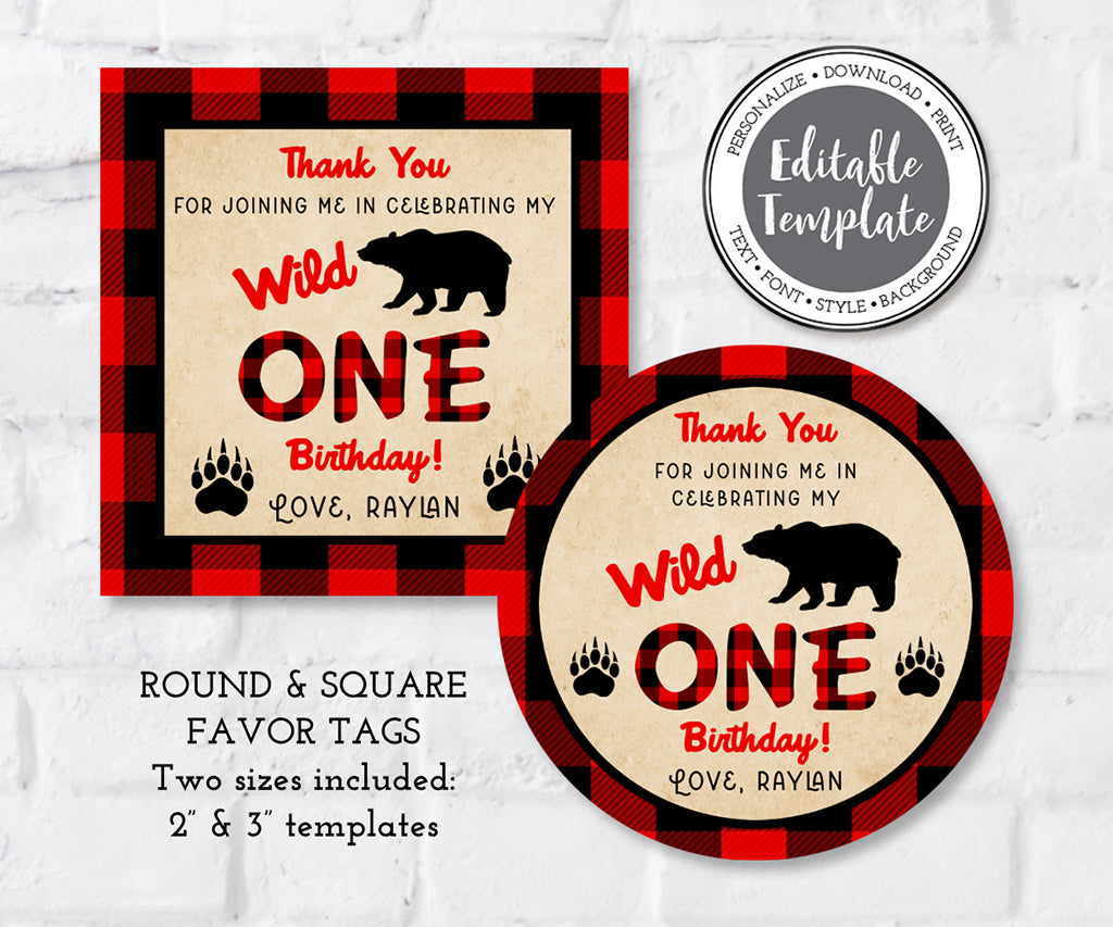 Wild ONE buffalo plaid round and square favor tag templates.