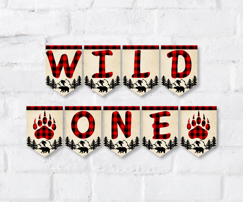 Buffalo plaid wild one birthday banner.