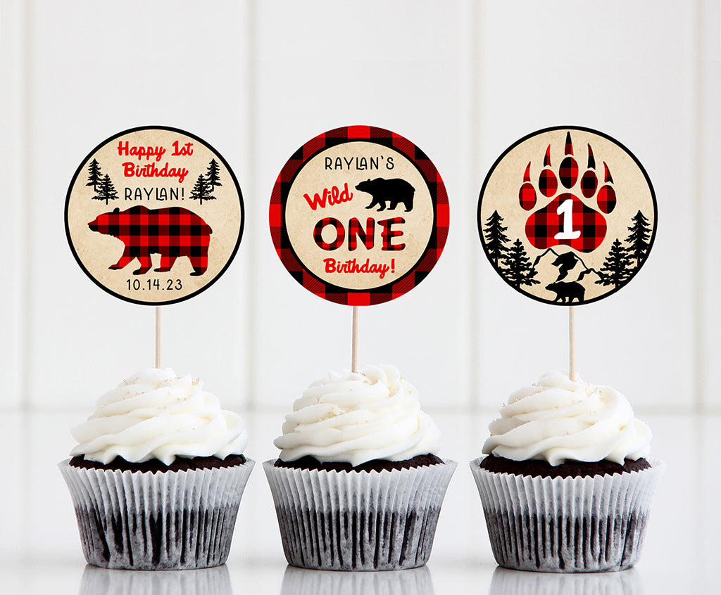 buffalo plaid wild one birthday cupcake toppers with bears and bear paws