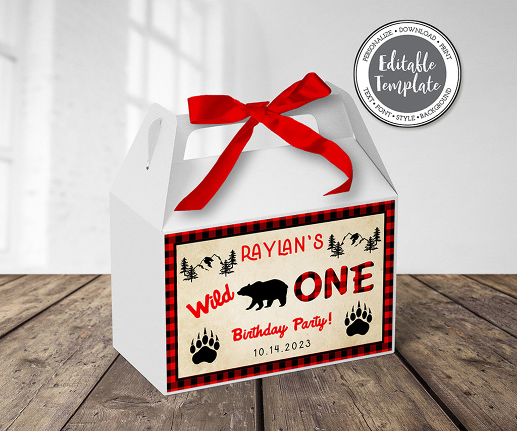 Wild ONE buffalo plaid birthday gable treat box label.