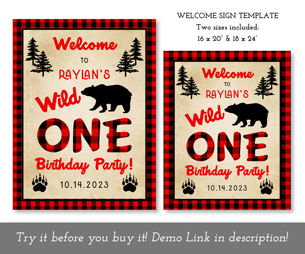 lumberjack buffalo plaid wild one birthday welcome sign templates.