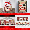 buffalo plaid wild one first birthday party templates, treat box label, welcome sign and banners