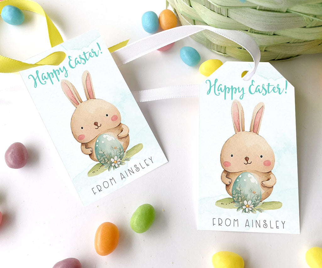 Happy Easter bunny with egg vertical gift tag.