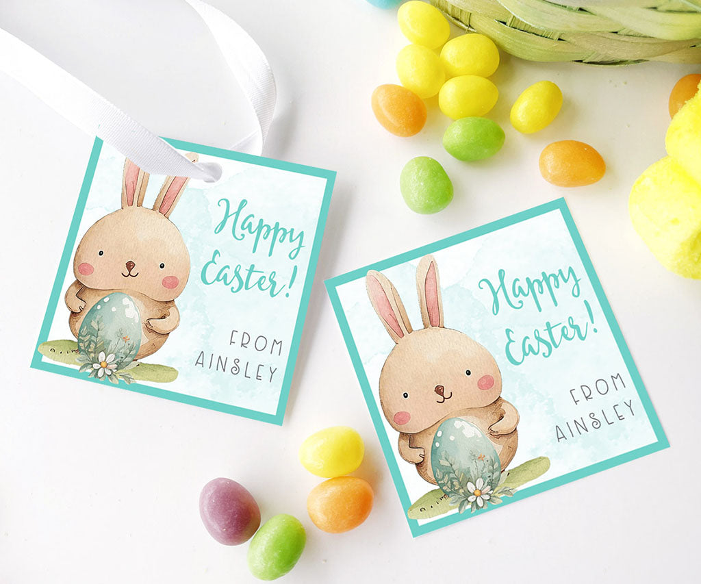 Cute Easter bunny with his prize Easter egg on a square Happy Easter Gift Tag.