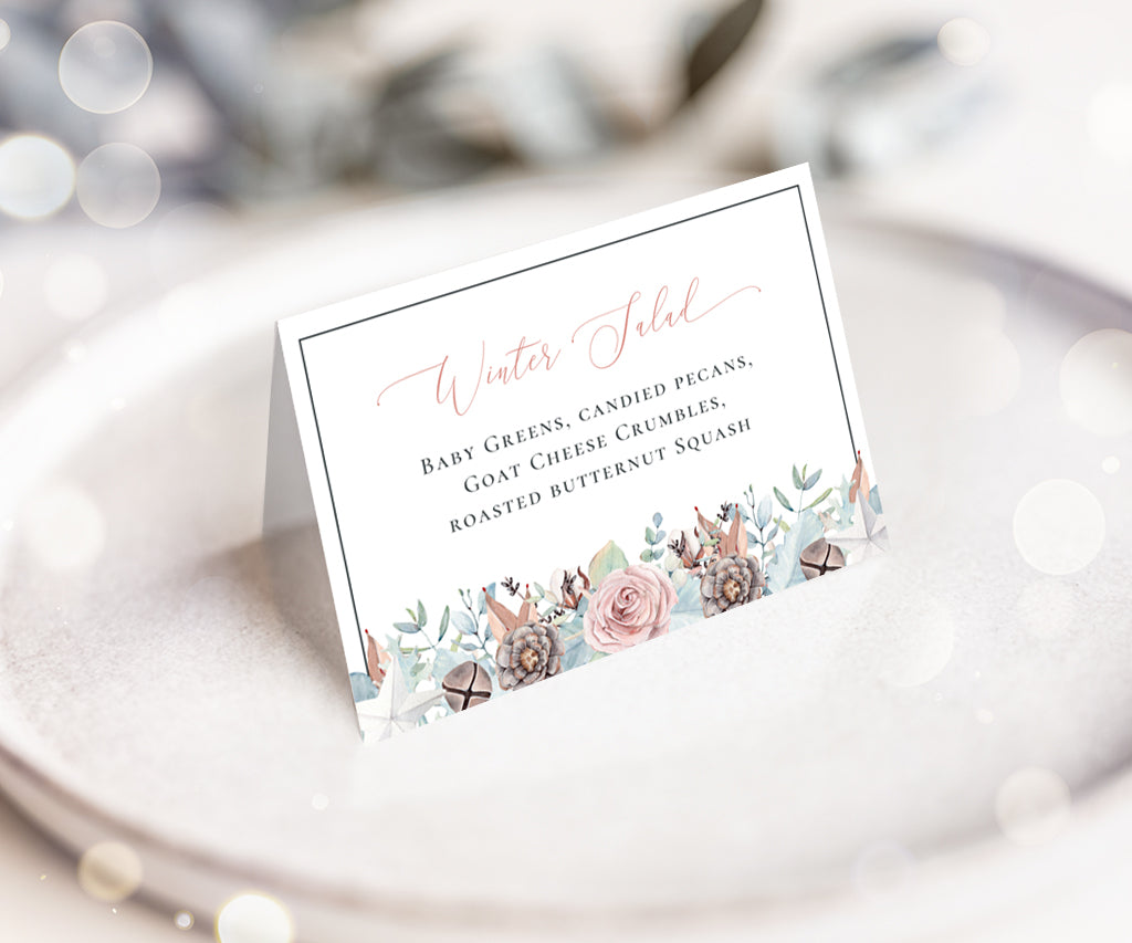Winter holiday, wedding or shower folded buffet food card.