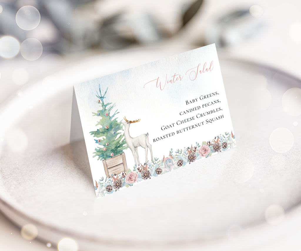Christmas buffet food tent card with Christmas tree and deer.