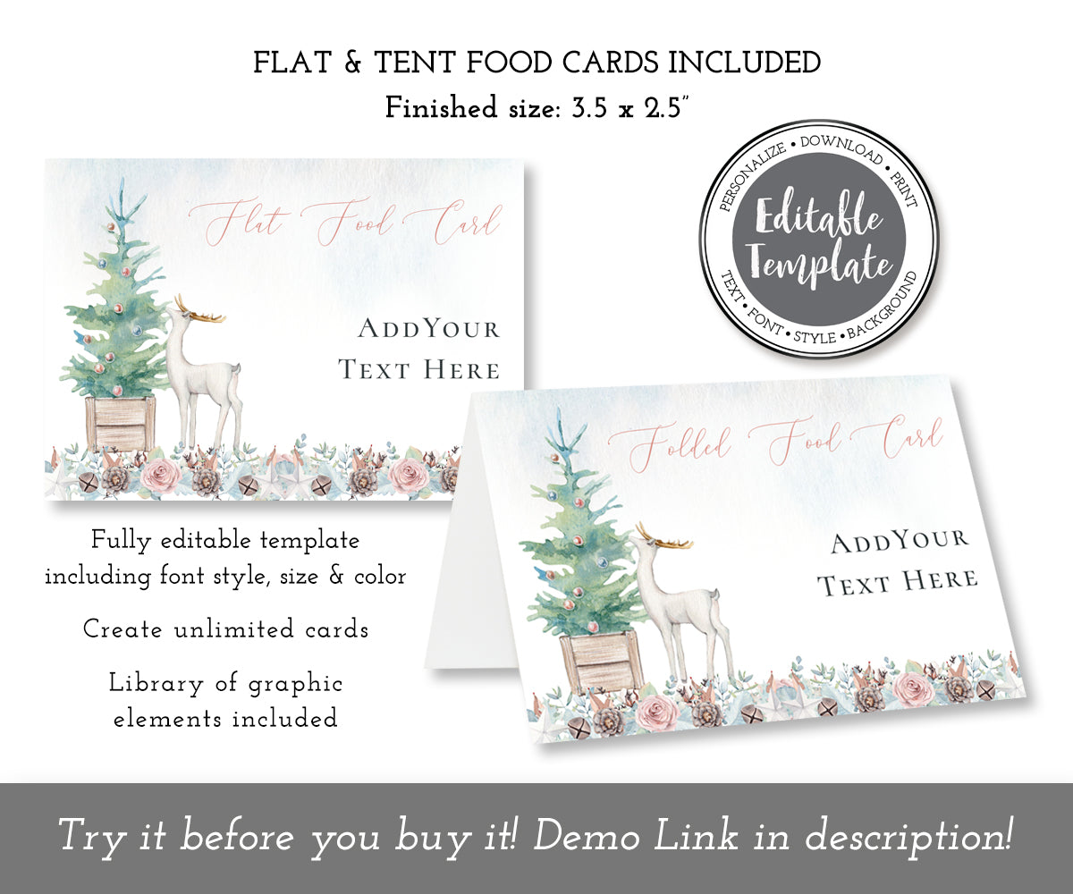 Flat and Folded Christmas buffet food card templates with Christmas tree and deer.