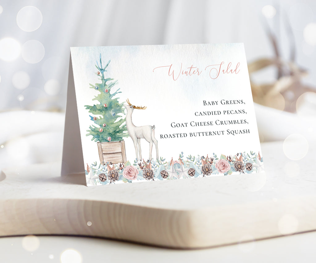 Christmas buffet food tent card with Christmas tree, deer and winter foliage.