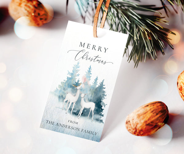Merry Christmas gift tag with white deer in forest.