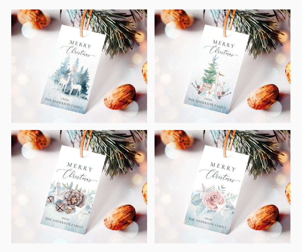 Christmas gift tag set rustic deer, forest and winter foliage.