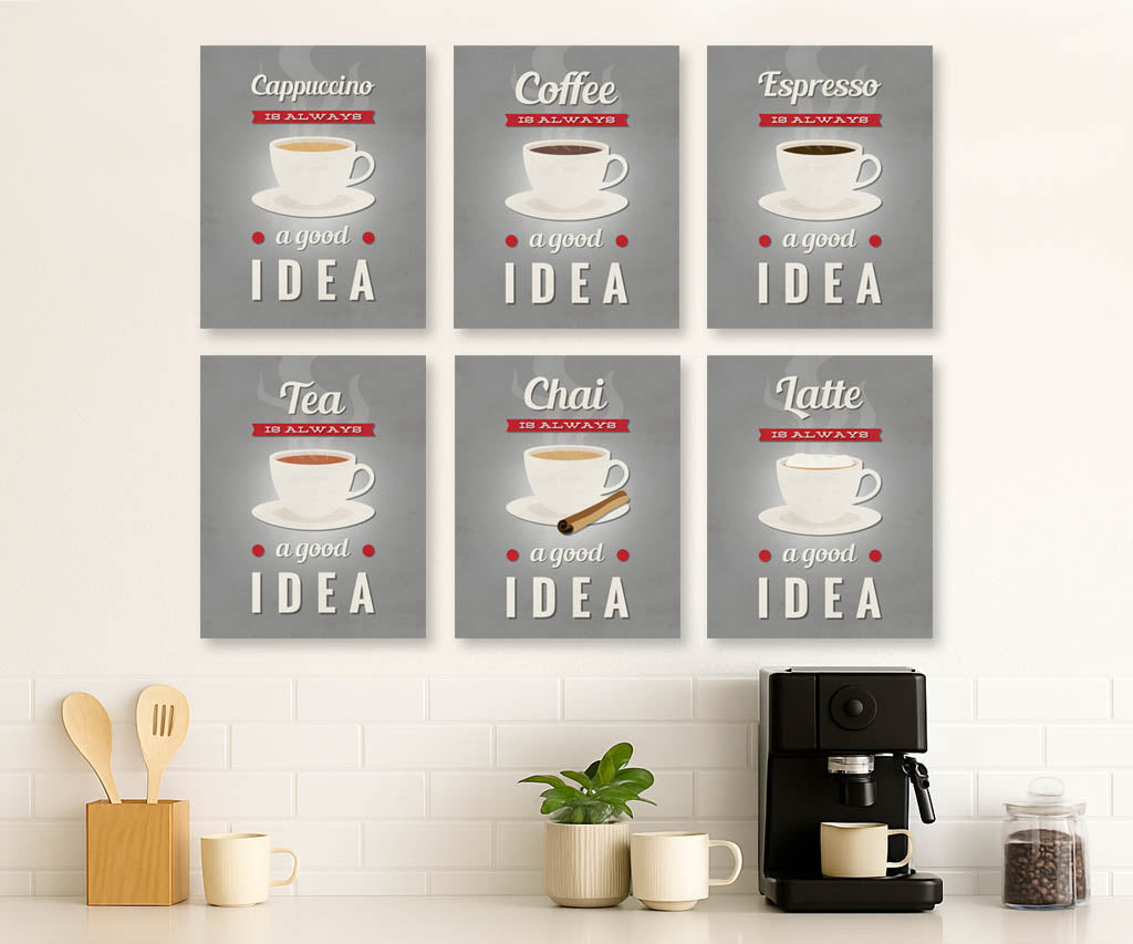Set of 6 printable coffee and tea kitchen wall art prints in blue – Cappuccino, Coffee, Espresso, Chai, Latte, and Tea.