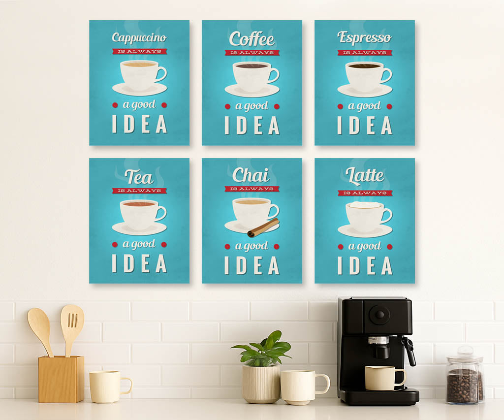 Set of 6 printable coffee and tea kitchen wall art prints in blue – Cappuccino, Coffee, Espresso, Chai, Latte, and Tea.