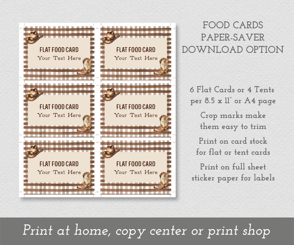Cowboy birthday brown plaid food label printed on a full sheet to save paper.