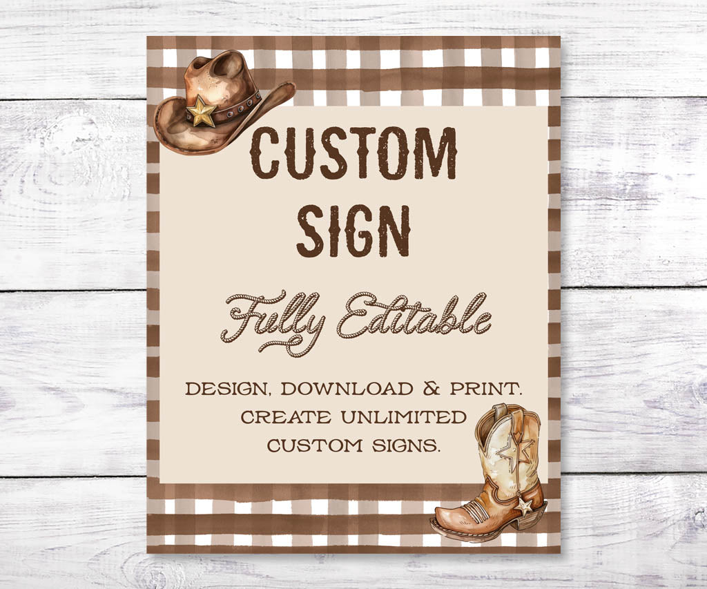 Cowboy birthday custom sign 8x10 portrait with brown gingham, cowboy hat, boot and rope western fonts.