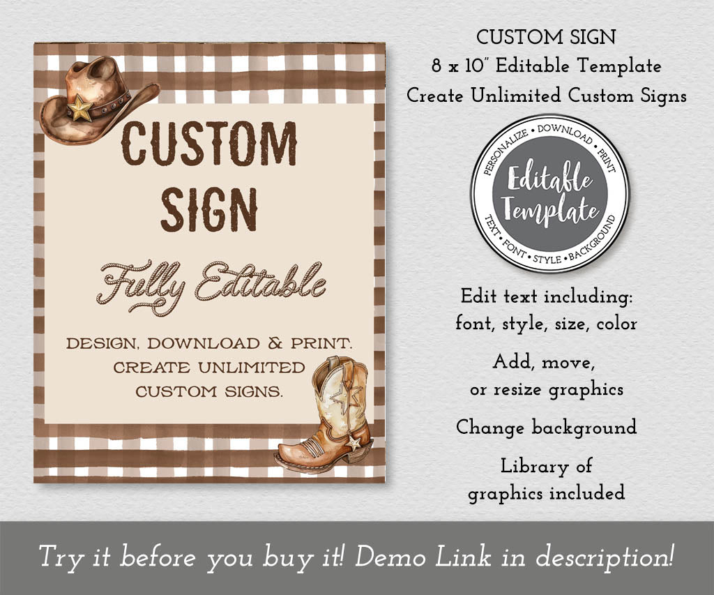 Cowboy birthday custom sign 8x10 portrait with brown gingham, cowboy hat, boot and rope western fonts, editable template.