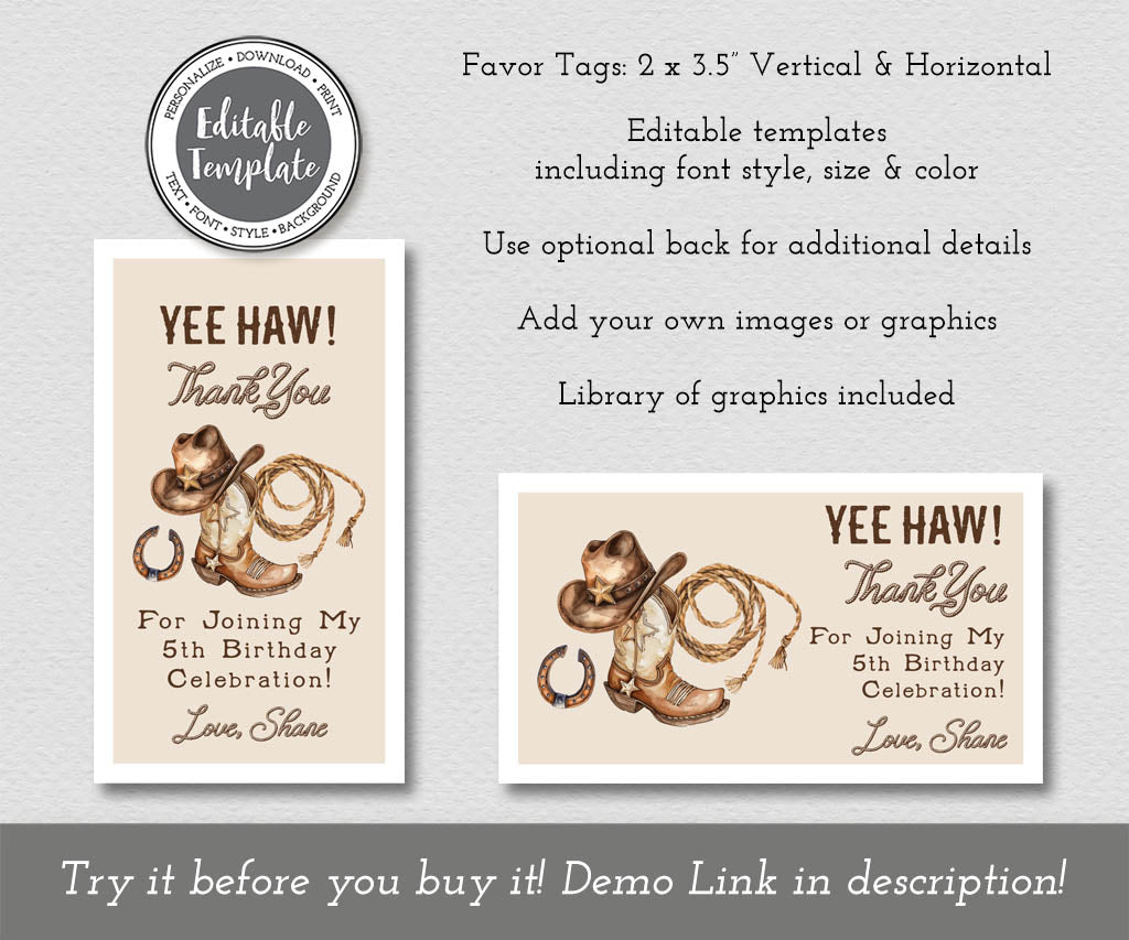 Cowboy favor tag editable templates in horizontal and vertical with vintage western theme graphics and a thank you message.