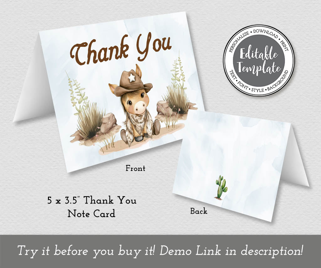Cowboy first rodeo birthday folded thank you card with western font and cute baby pony, editable template.