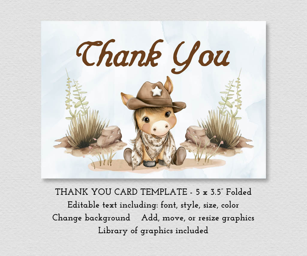 Cowboy first rodeo birthday folded thank you card template with western font and cute baby pony.
