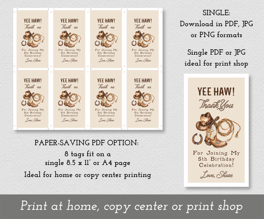 Cowboy western birthday printable favor tags in a sheet and a single tag.