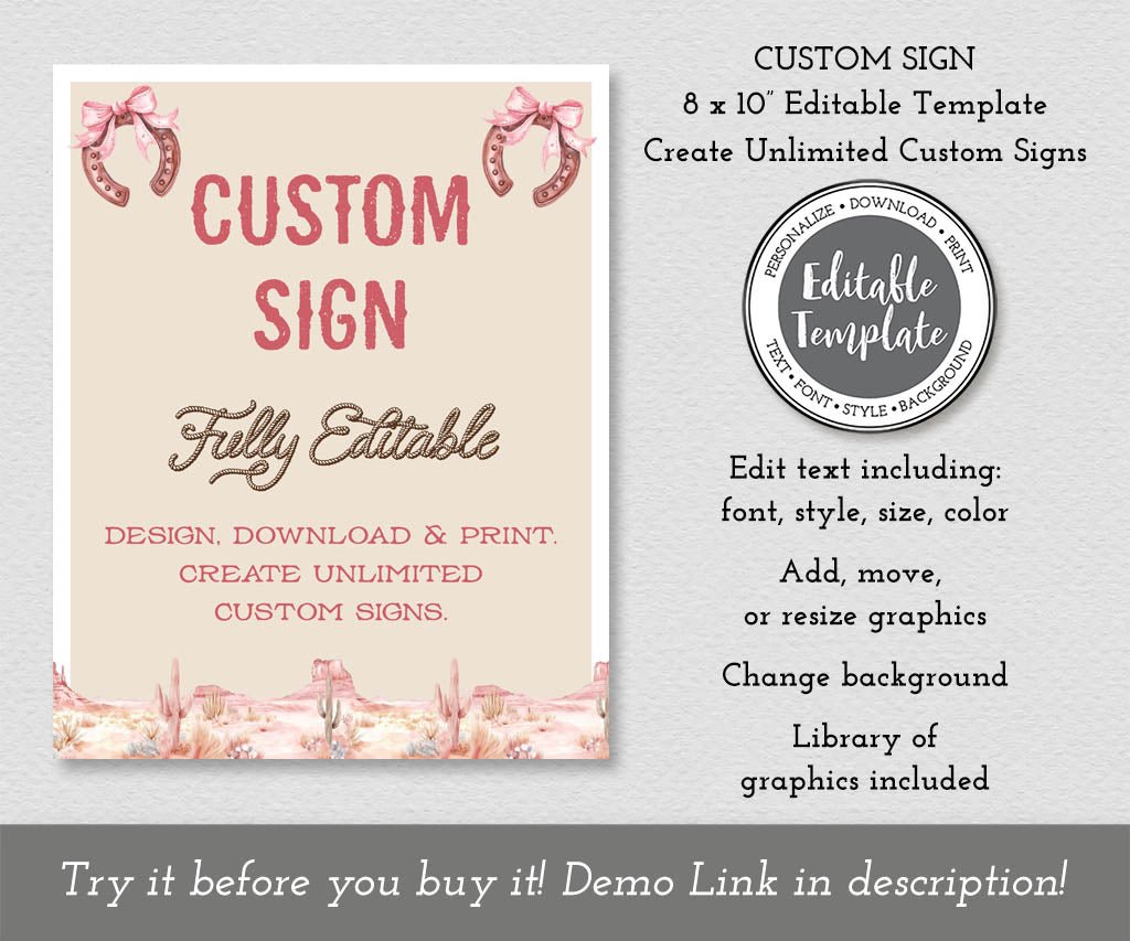 Cowgirl western birthday custom sign editable template in pink and brown, portrait orientation, 8x10.