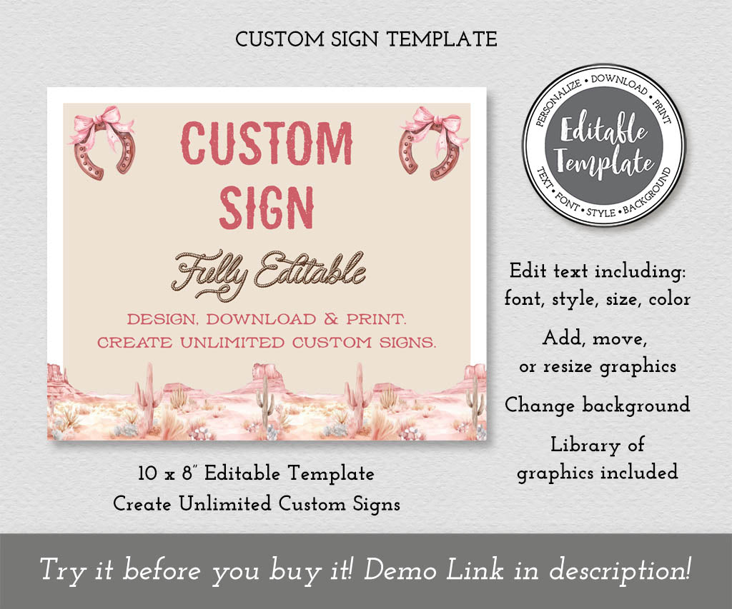 Cowgirl birthday pink and brown custom sign editable template, landscape 10 x 8".