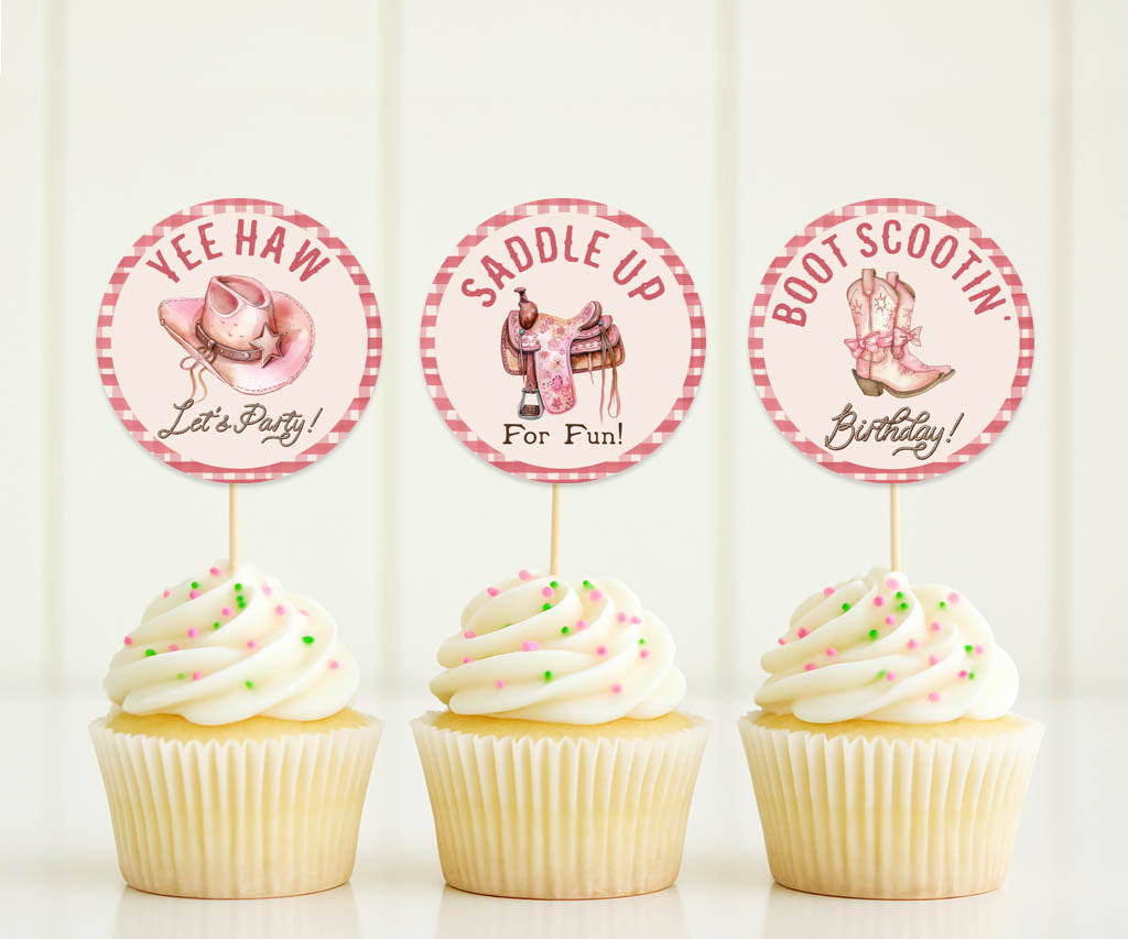 Cowgirl western cupcake toppers with pink plaid, cowgirl hats, boots and saddles.