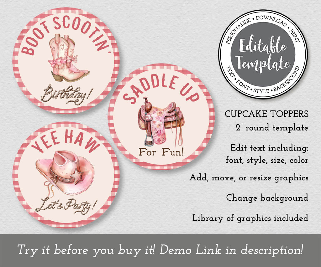 Cowgirl western cupcake topper editable templates with pink plaid, cowgirl hats, boots and saddles.