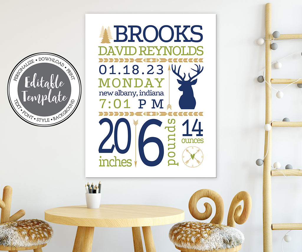 Deer birth stats boy nursry wall art.