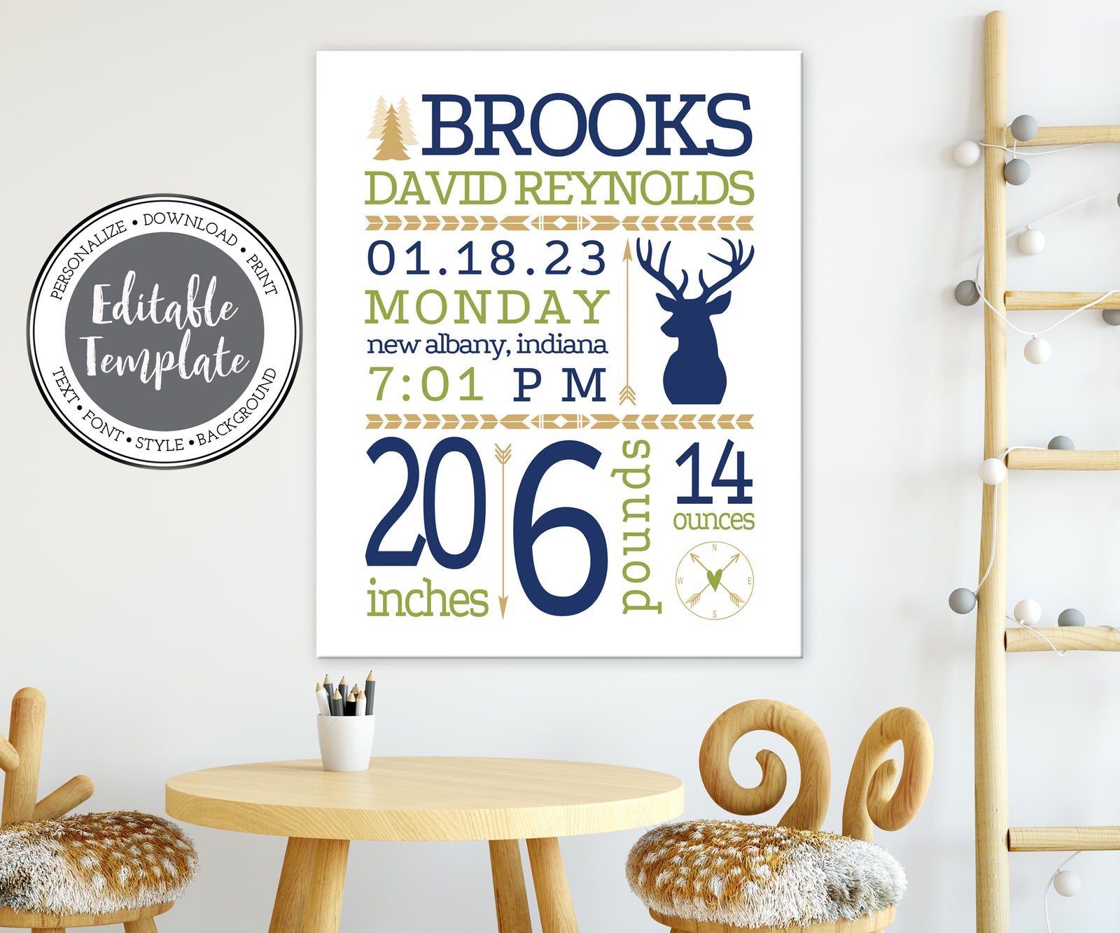 deer tribal birth stats nursery wall art in blue, green tan