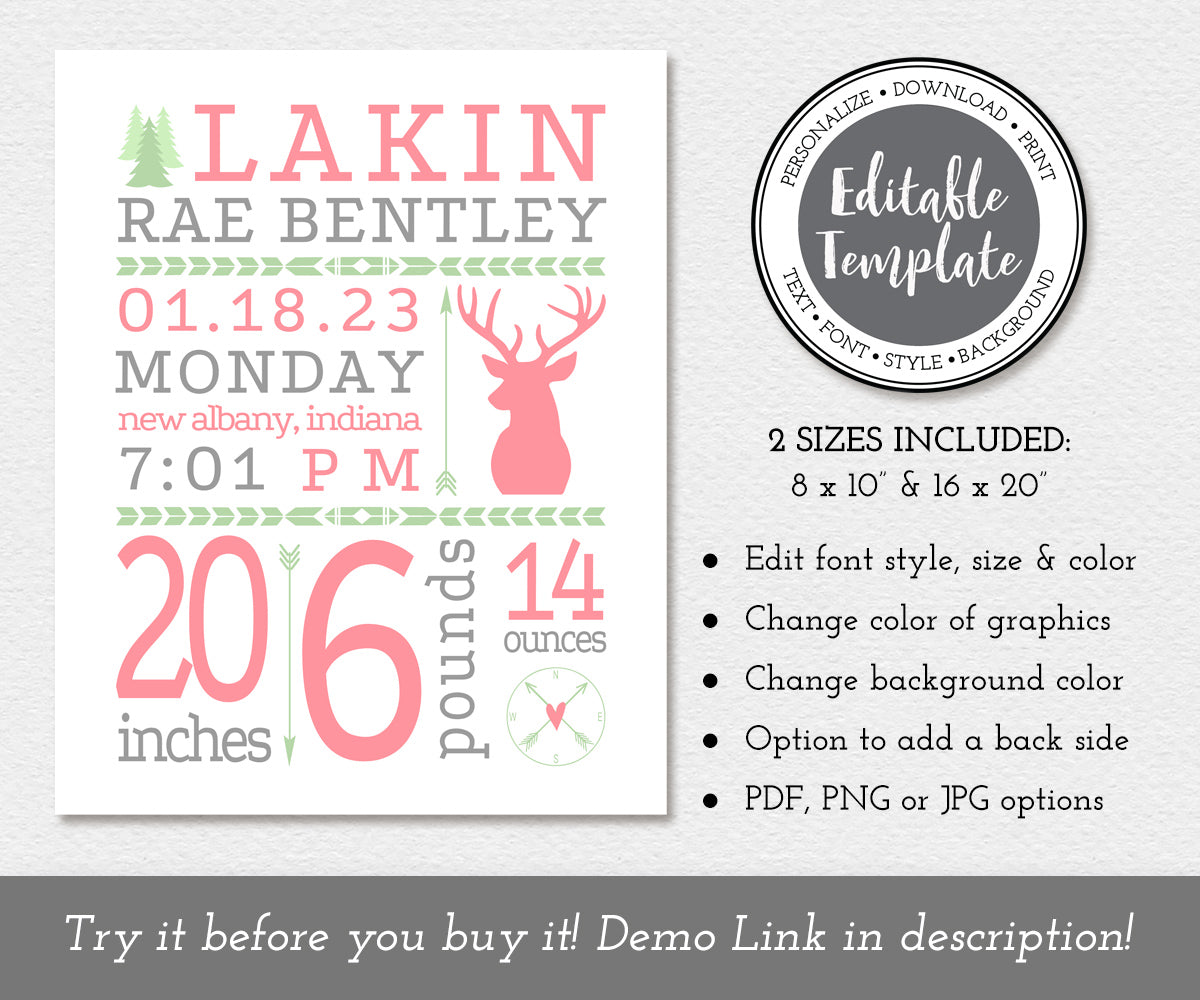 deer birth stats editable template in pink gray and green with tribal motifs