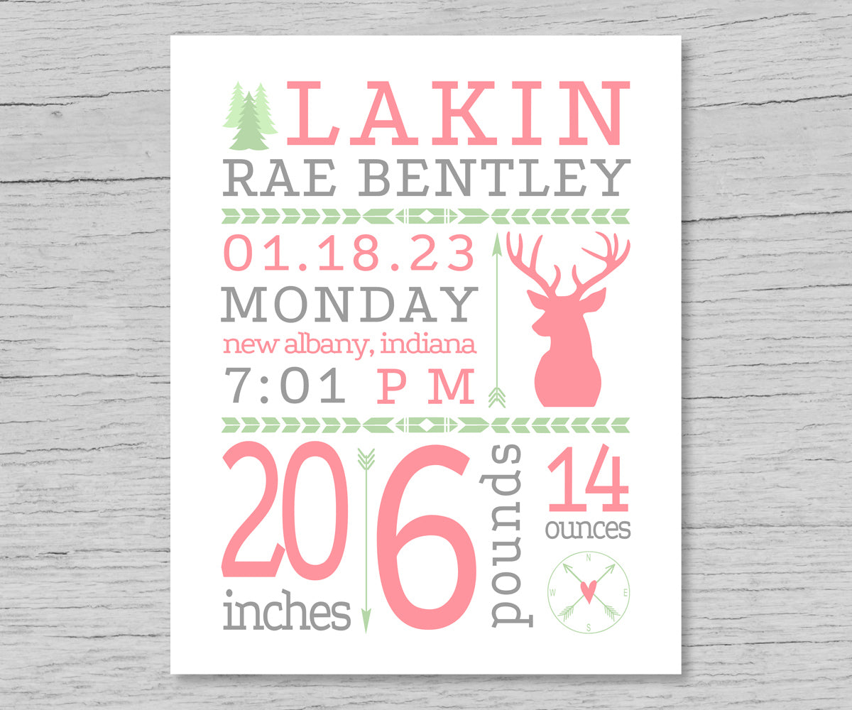 deer birth stats in pink gray and green with tribal motifs