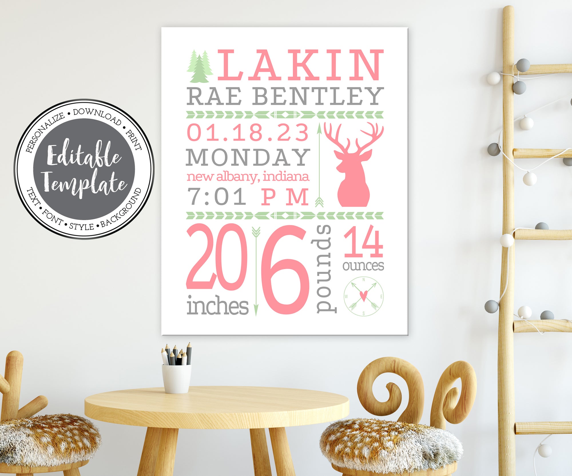 deer birth stats nursery wall art in pink gray and green with tribal motifs