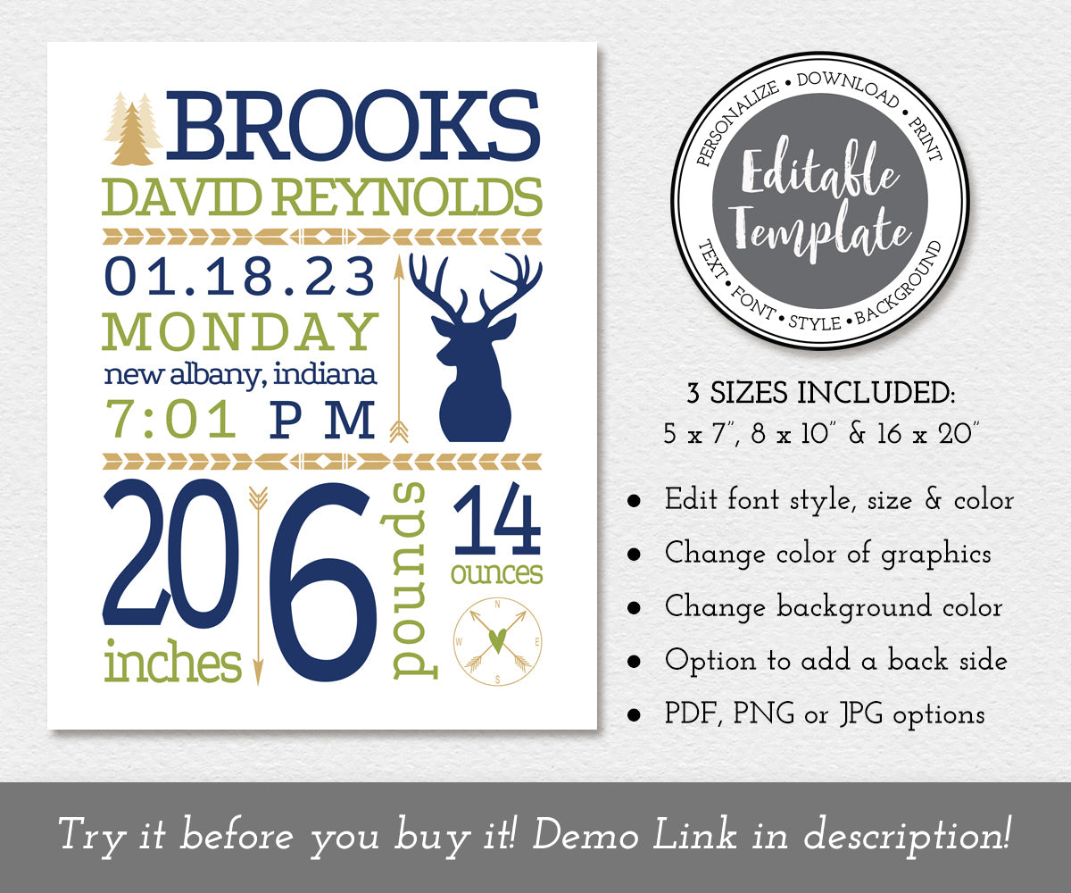 deer tribal birth stats editable template in blue, green tan