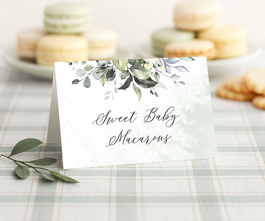 Dessert table food tent card with delicate greenery for a elegant baby shower.