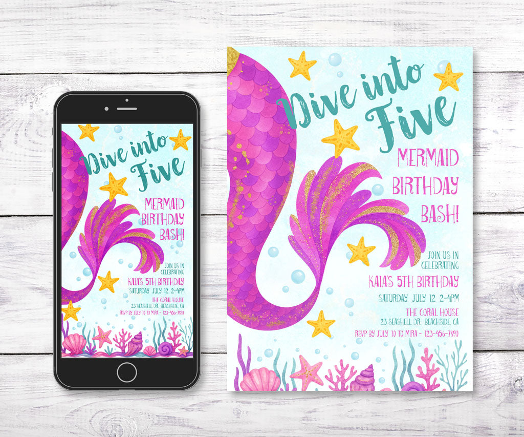 Dive into five mermaid invitation and evite.