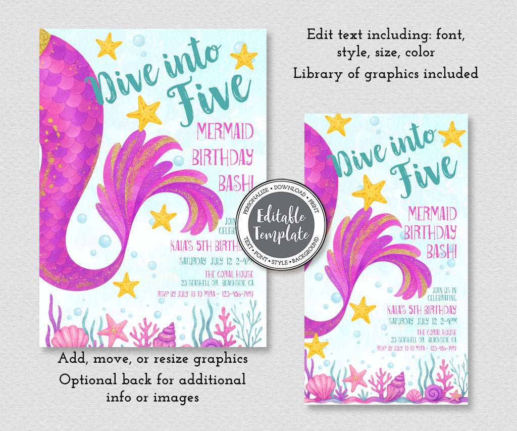 Dive into five mermaid invitation and evite editable templates.