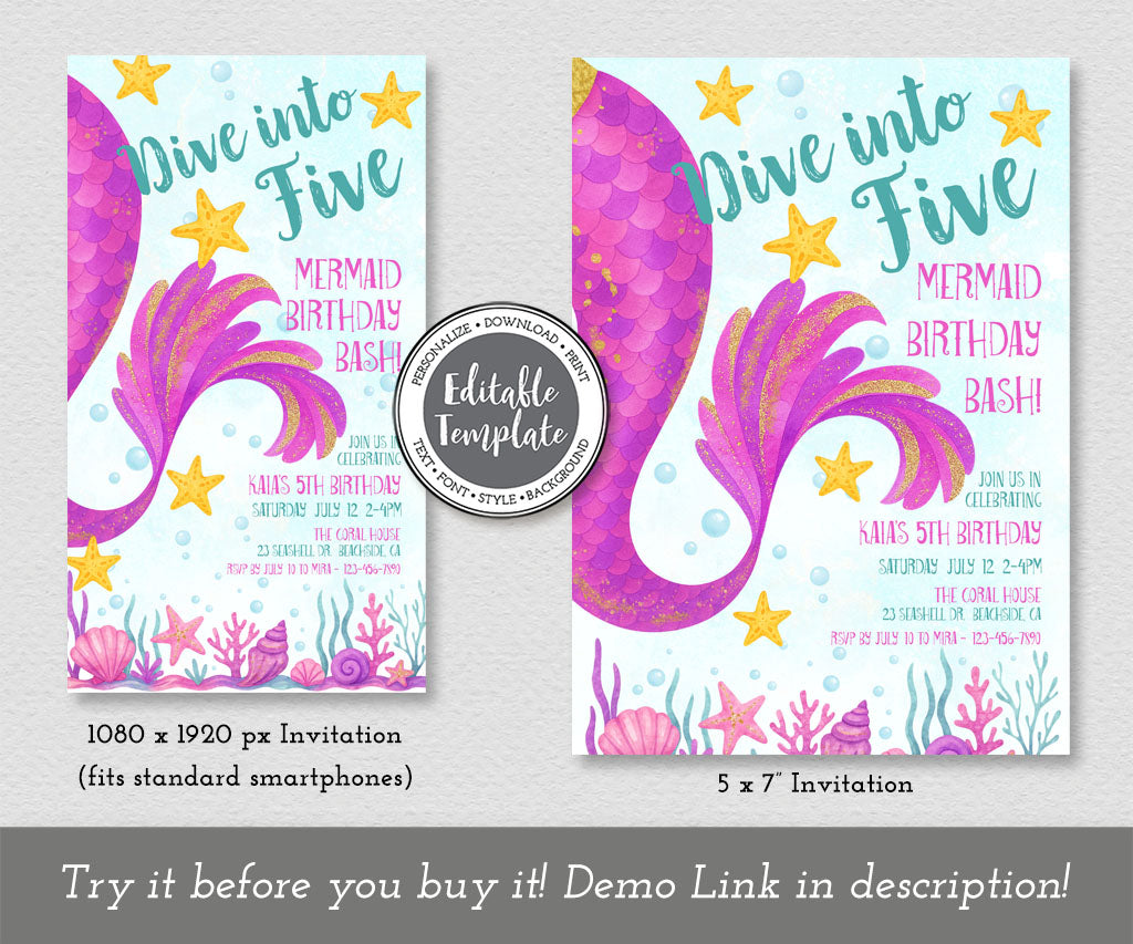 Dive into five mermaid invitation and evite templates.